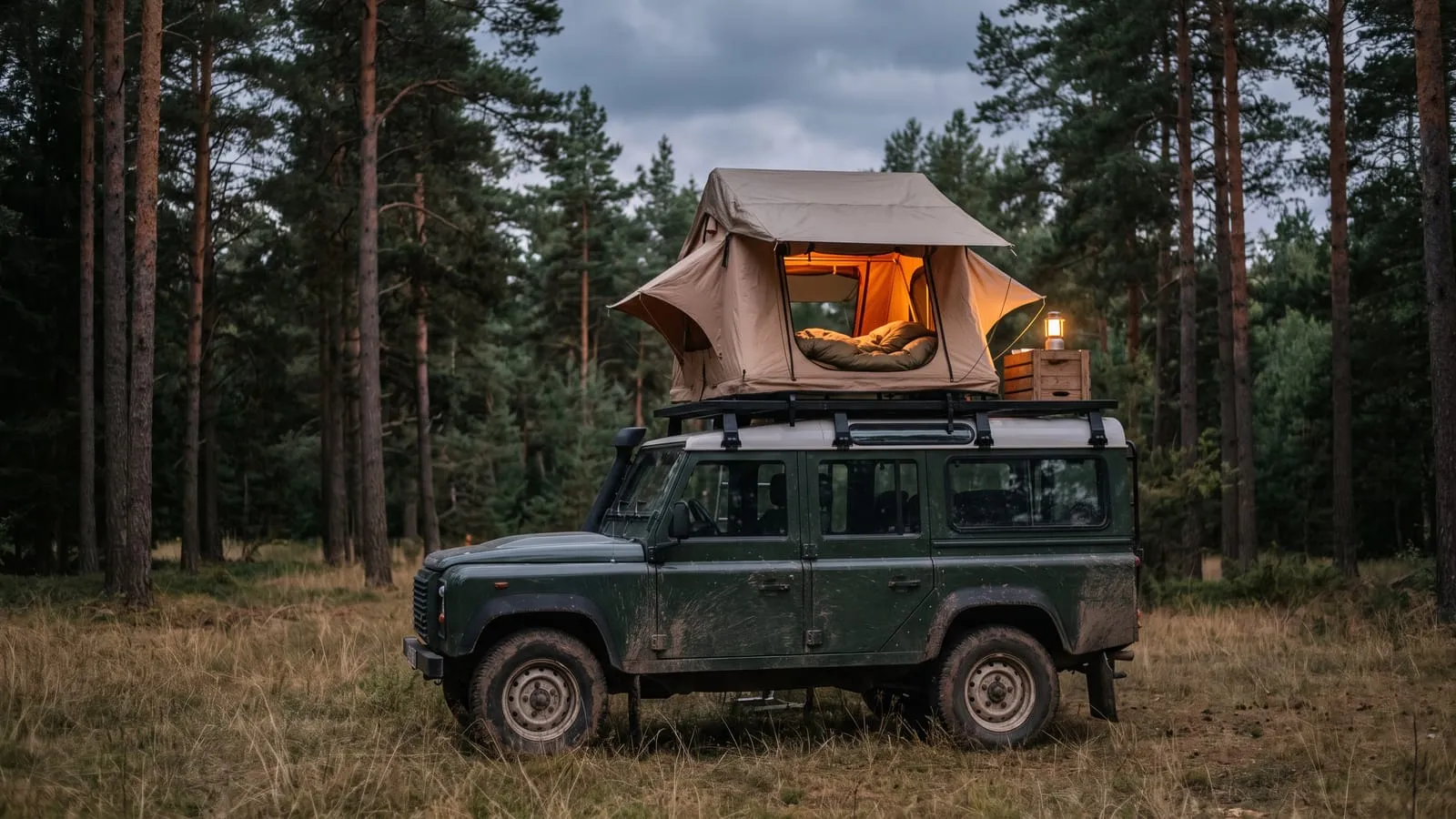 Ein dunkelgrüner Geländewagen mit Dachträger und aufgebautem Dachzelt steht auf einer Waldlichtung unter Kiefern, im Zelt brennt warmes Licht, auf dem Dach steht eine Laterne auf einer Holzkiste